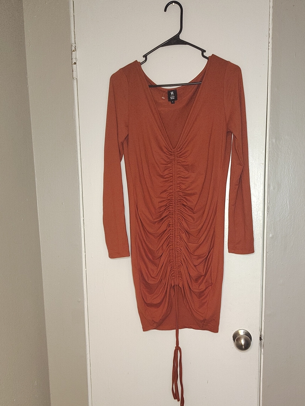 Ruched Long-Sleeve Bodycon Dress in Rust